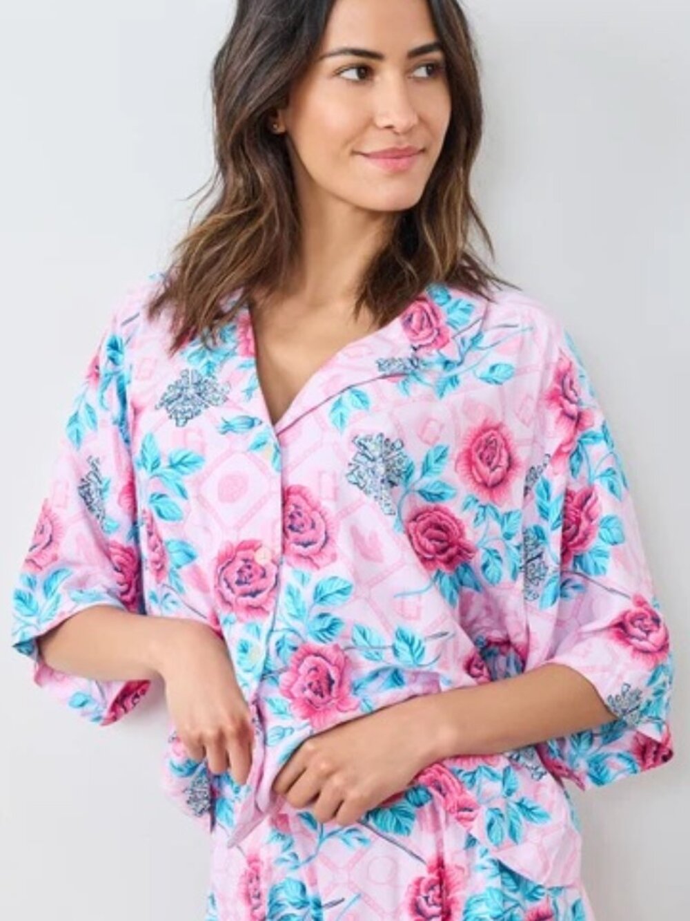 Printfresh Wicked Glinda's Garden Pajama Top XL Pink Blue Rose Floral Viscose